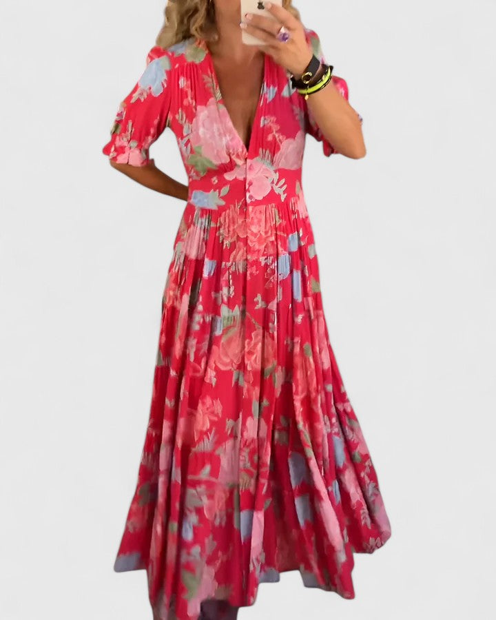 Flavia | Elegant Floral V-neck Dress