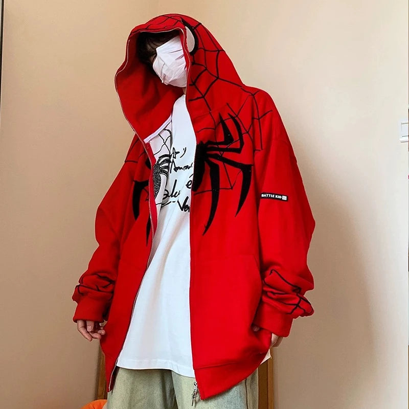 Youth Fashion Printed Spider Hoodie Cool Street Style Oversize Fleece Loose Zipper Overcoat Tops