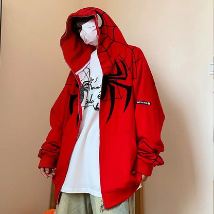 Youth Fashion Printed Spider Hoodie Cool Street Style Oversize Fleece Loose Zipper Overcoat Tops