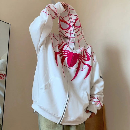 Youth Fashion Printed Spider Hoodie Cool Street Style Oversize Fleece Loose Zipper Overcoat Tops