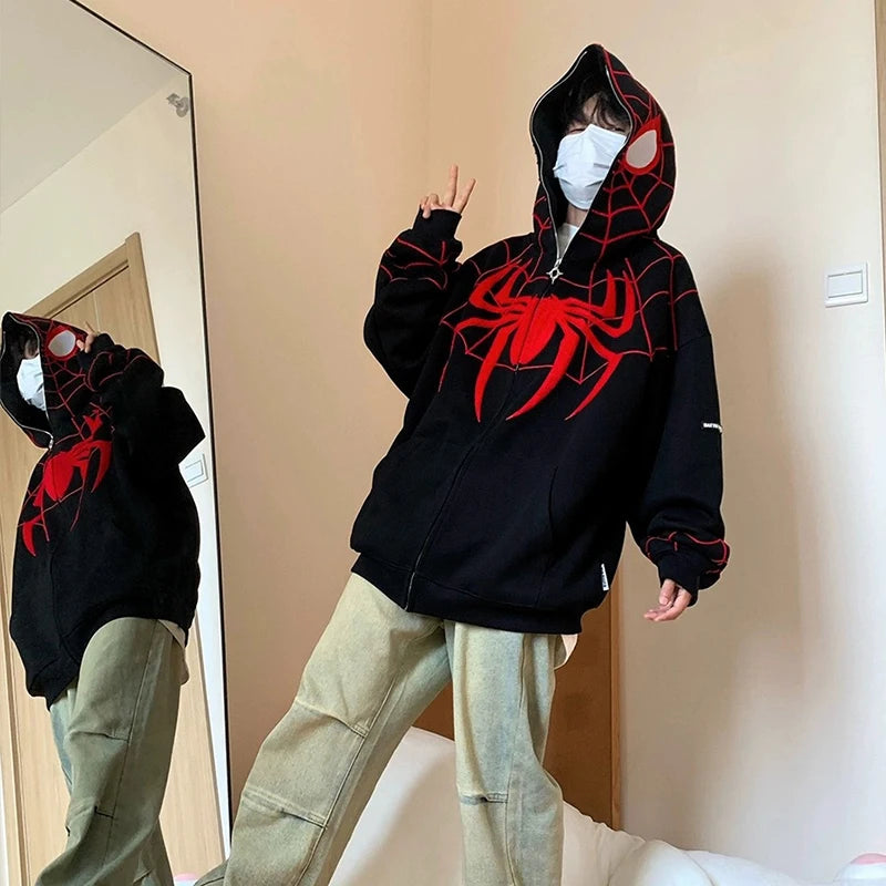 Youth Fashion Printed Spider Hoodie Cool Street Style Oversize Fleece Loose Zipper Overcoat Tops